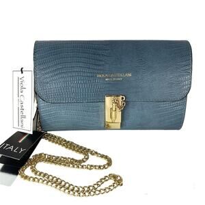 VIOLA CASTELLANI Croc Leather Clutch Crossbody Bag Blue Gold Chain Made in Italy